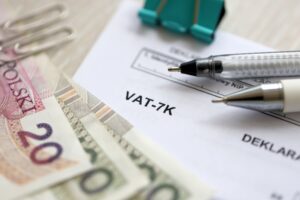 Declaration for tax on goods and services VAT-7K form on accountant table