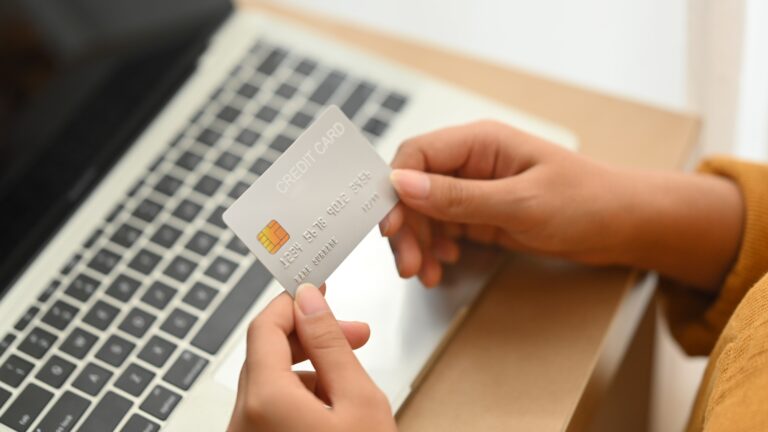 Woman hand holding credit card, shopping online, spending money and transactions concept
